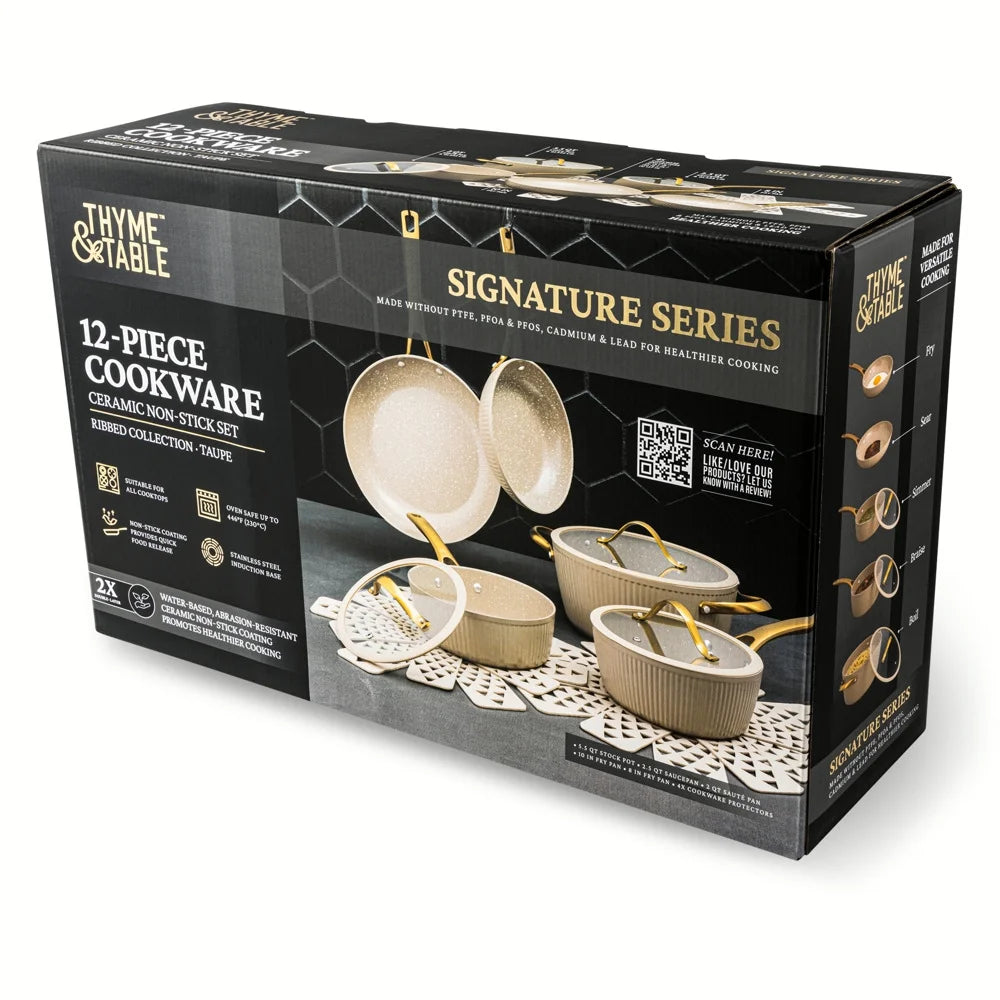 Thyme &amp; Table 12-Piece Ceramic Non-Stick Signature Ribbed Cookware Set