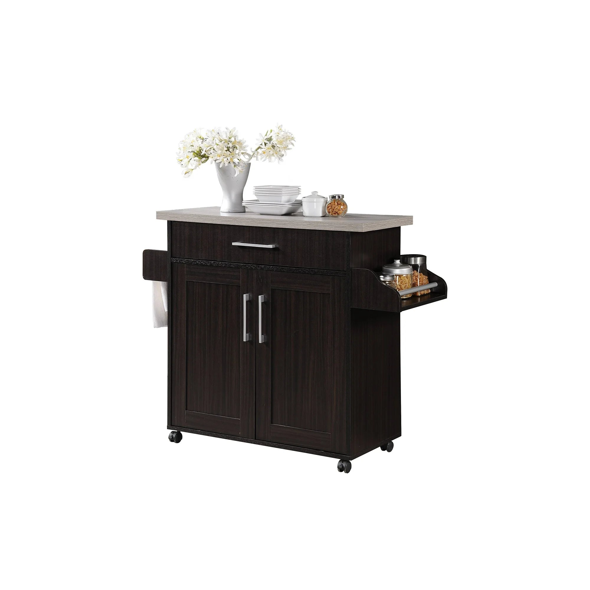 Hodedah Kitchen Cart with Spice Rack plus Towel Holder, Chocolate-Grey