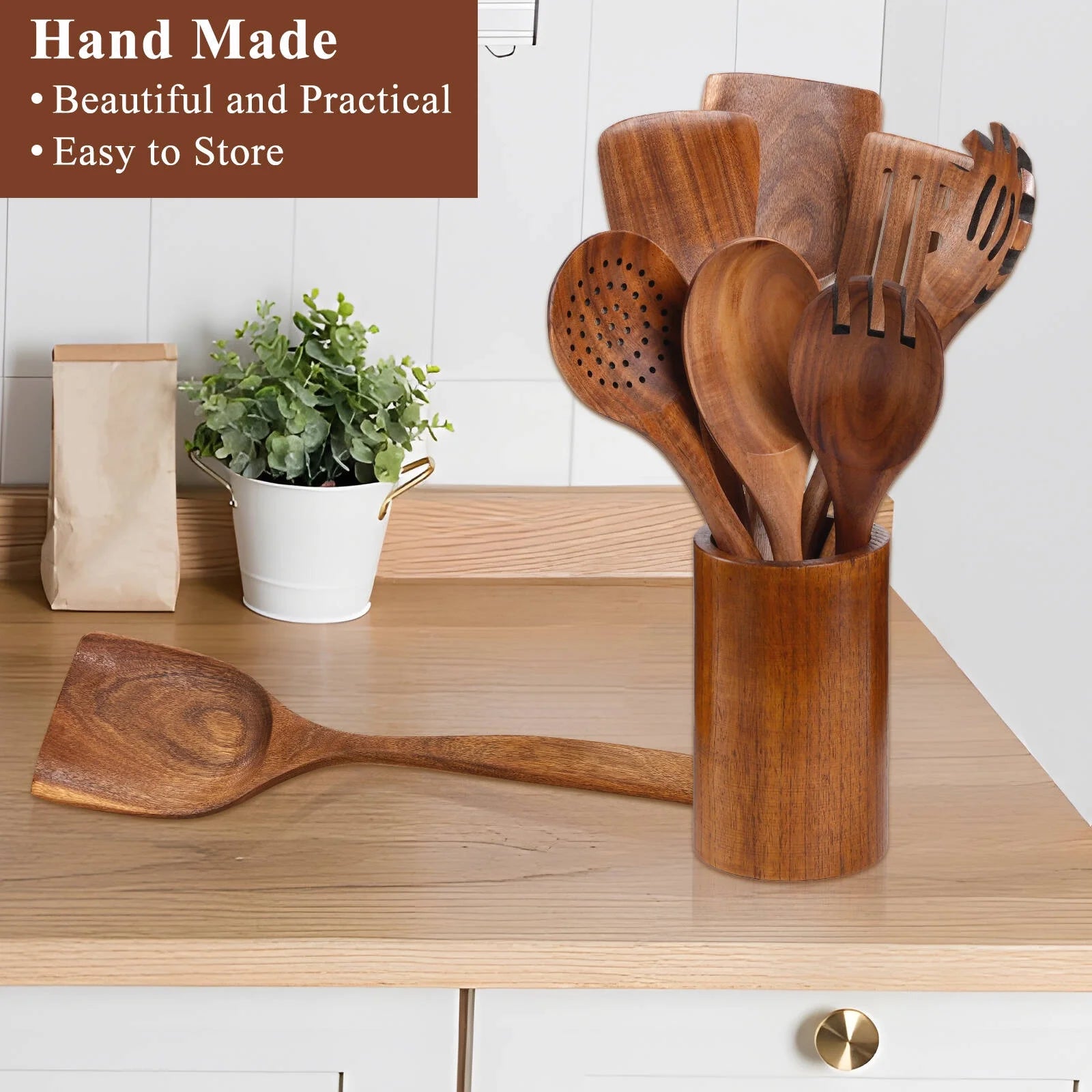 VAVSEA Thick Wooden Spoons for Cooking, 8 Pcs Natural Wooden Utensil Set