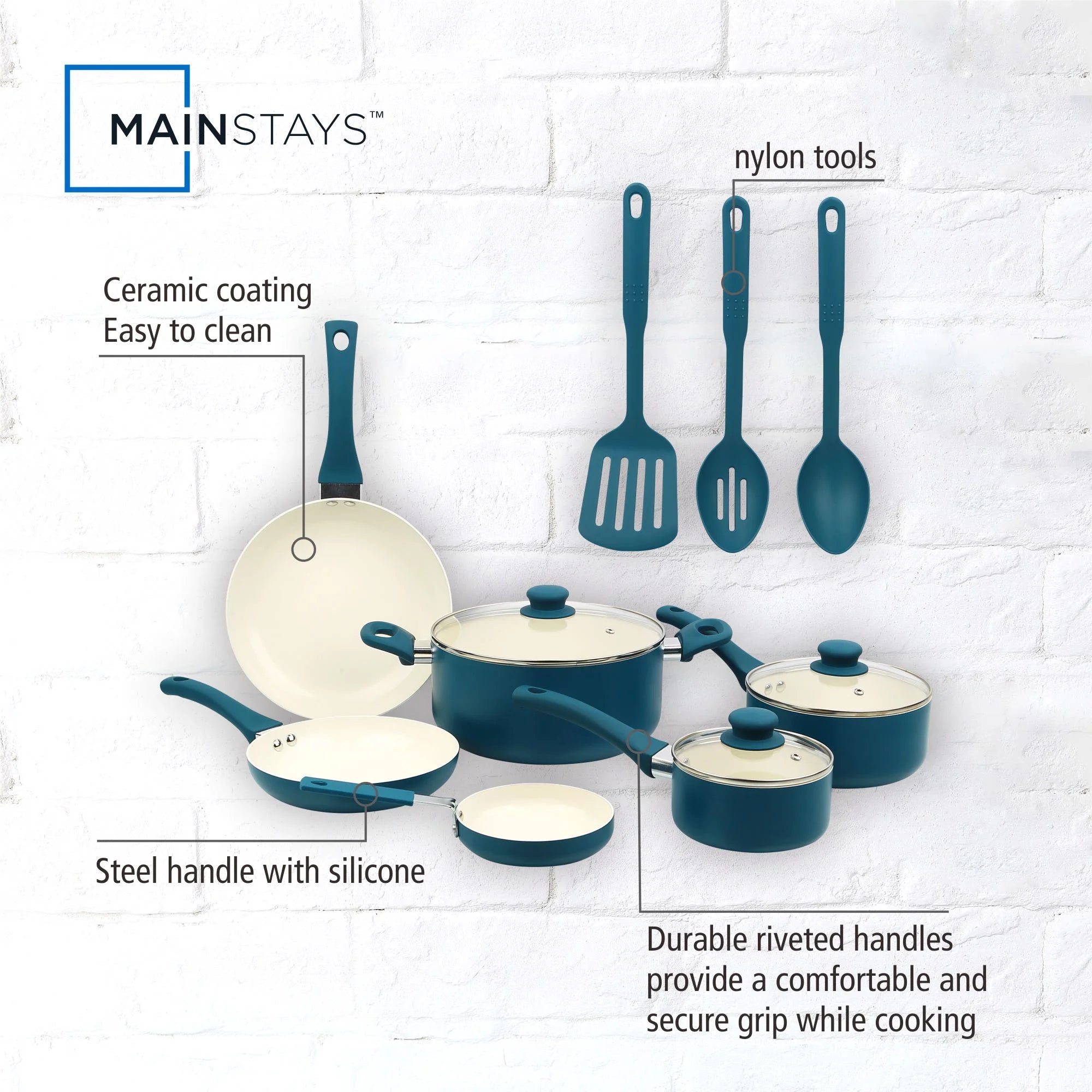 Mainstays 12 Piece Ceramic Nonstick Aluminum Pots and Pans Cookware Set,