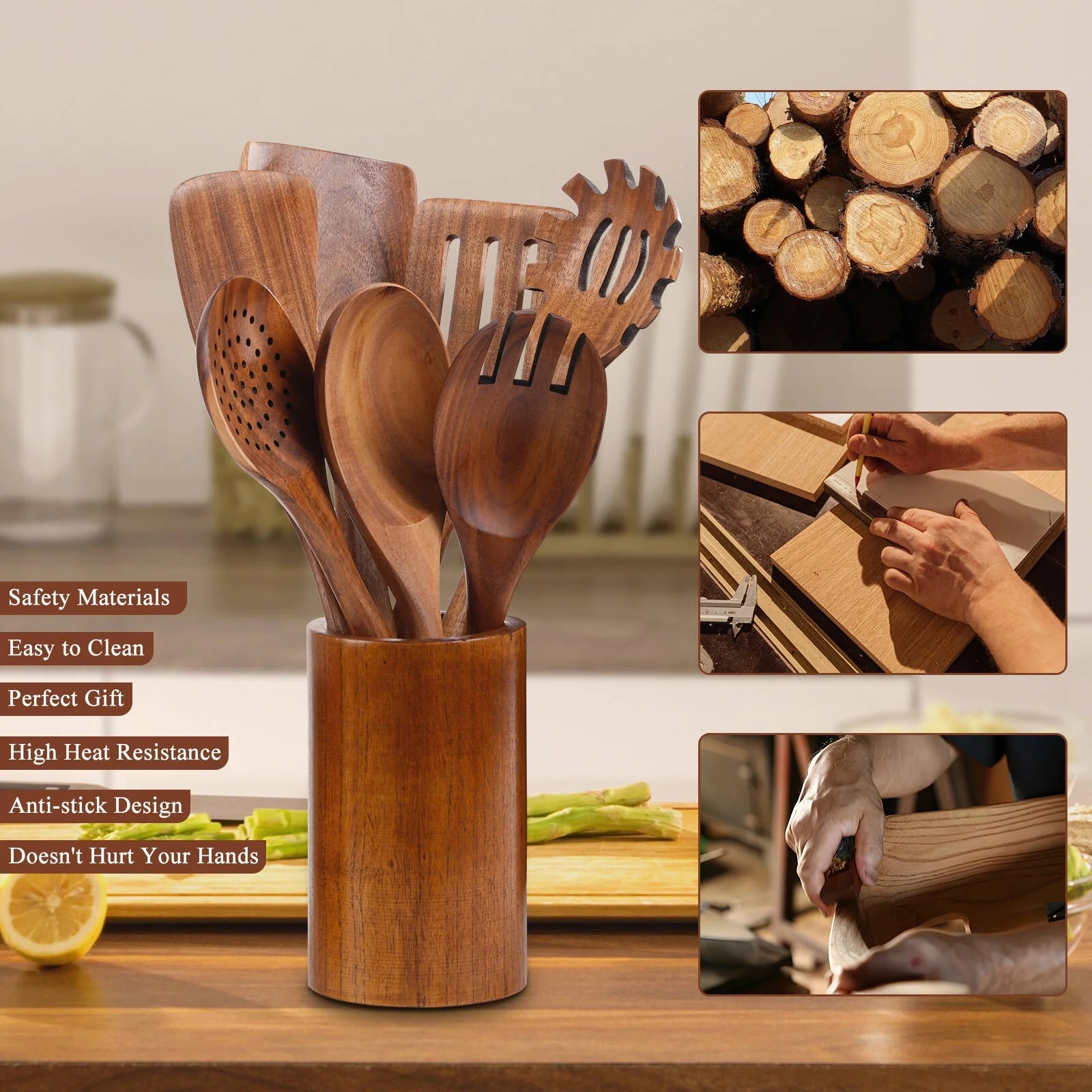 VAVSEA Thick Wooden Spoons for Cooking, 8 Pcs Natural Wooden Utensil Set